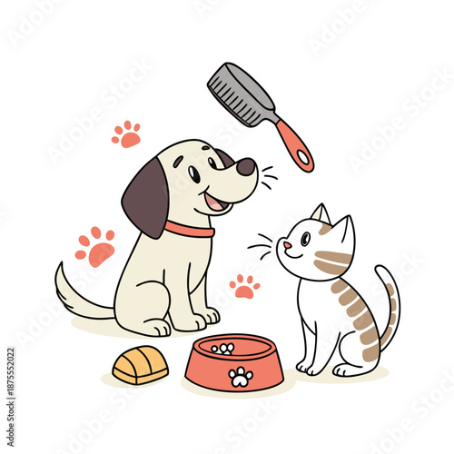 a vector illustration happy dog and cat with various pet accessories and items.