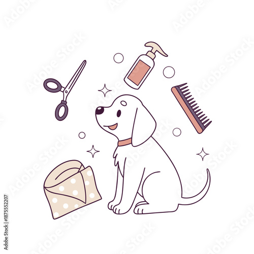 a cartoon illustration depicting a dog being groomed