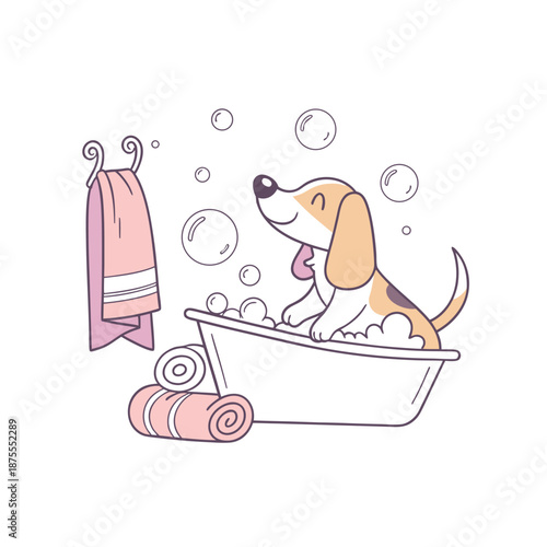 Cute happy puppy dog taking a bath with bubbles.