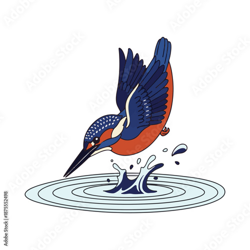 Vibrant Kingfisher Bird Illustration Captures Dynamic Moment of Dive into Water with Splash, Symbolizing Agility and Nature's Precision Hunting in a Serene Environment