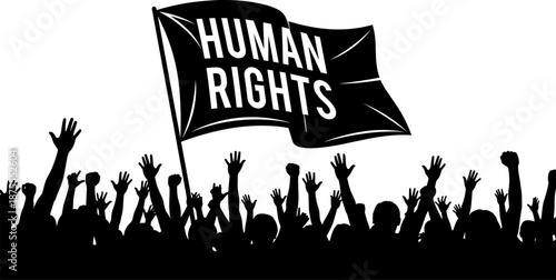 Silhouette of protest crowd with raised hands and waving HUMAN RIGHTS flag, symbolizing activism, unity, civil rights, public demonstration, and social justice advocacy.