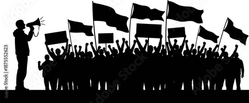 Silhouette of protest crowd with speaker on platform, raised fists, flags, and signs, symbolizing activism, unity, civil rights, and public demonstration energy.