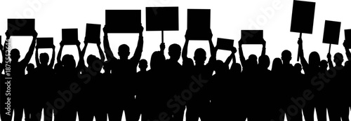 Silhouette of protesting crowd holding blank banners symbolizing political activism, freedom of speech, social movement, unity, public demonstration, civic engagement, 