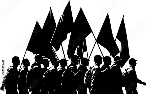 Silhouette of protest march with flag bearers walking in unity, symbolizing activism, social movement, collective action, and political demonstration in black and white style