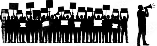 Silhouette of protest crowd with raised signs and megaphone speaker, symbolizing activism, unity, public demonstration, and collective social movement expression.