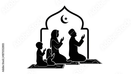 A Muslim family in prayer together in a simple black silhouette illustration