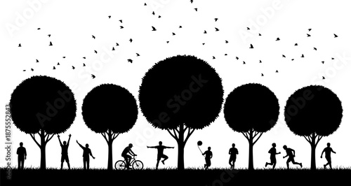 Silhouette park scene with people enjoying outdoor activities, trees, birds flying, and nature recreation symbolizing community, freedom, fitness, and social interaction in vector art