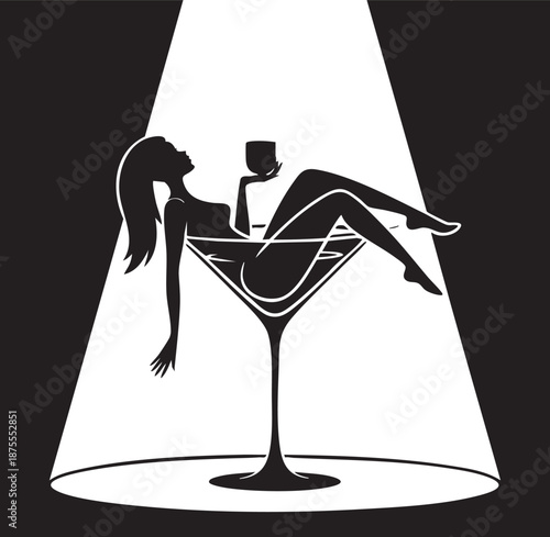 Silhouette of a woman lounging in a martini glass, holding a drink, illuminated by a spotlight, symbolizing luxury, elegance, and a sophisticated nightlife atmosphere always very captivating.