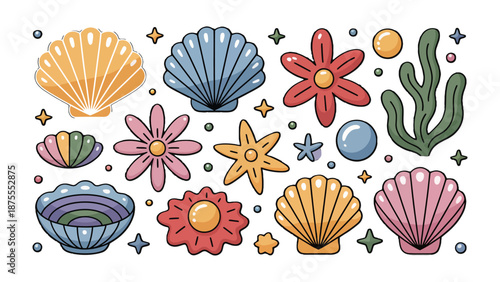 Coastal Collection: A vibrant illustration showcasing a collection of seashells, starfish, and aquatic flora, evoking the serene beauty of the coastal realm.