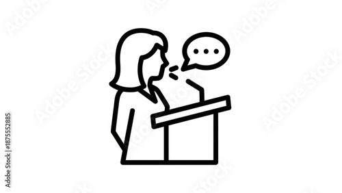 A minimalist vector illustration of a woman speaking at a podium with a speech bubble