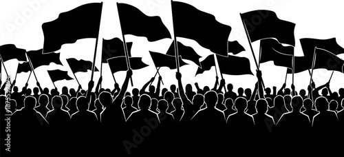 Silhouette protest crowd waving flags together symbolizing unity, activism, freedom, political movement, collective power, social justice, demonstration energy, and public rally concept illustration