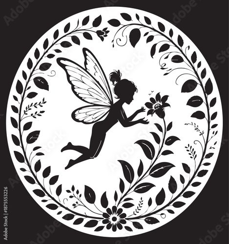 Fairy silhouette flying surrounded by leaves and flowers in a circular frame on a black background creating a whimsical and magical illustration perfect for fantasy and nature-themed designs.