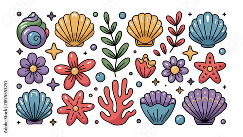 Seashells and Sea Stars: A colorful illustration showcasing a collection of seashells, starfish, and marine life elements, with various shapes, sizes, and colors, creating a vibrant underwater scene.
