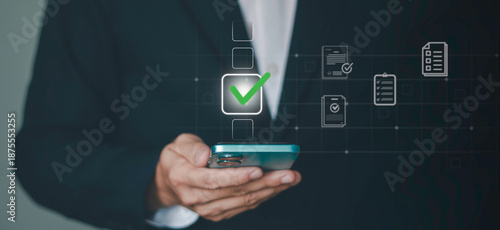checkmark for digital approval and task completion. online procurement documents, contract warranties and licenses on mobile procurement devices for businesses and startups