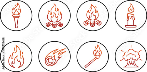 Set of Eight Circular Icons Featuring Fire-Related Elements like Torches, Campfires, Candles, and Explosions in Orange Outlines