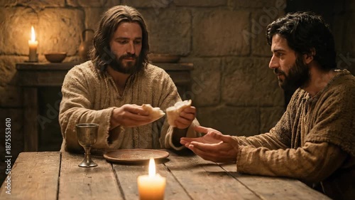 Jesus Christ Breaking Bread at Wooden Table with Disciple Revealing Identity during Supper   Depicting Resurrection Appearance in New Testament Biblical Religious History Scene