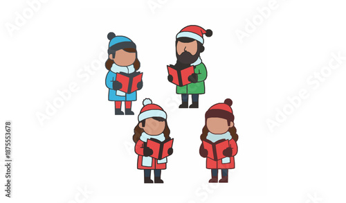 Flat Christmas carolers vector illustration with songbooks for festive holiday design