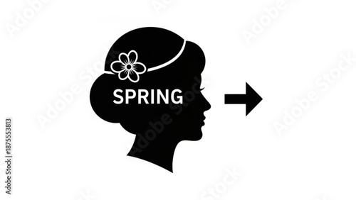 A minimalist vector graphic illustration of a woman's silhouette with a flower in her hair and the word SPRING inside her head, symbolizing the arrival of spring.