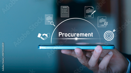 The digital procurement process on smartphones, agreements, invoices, and contracts. Online agreements used to achieve the goals. The concept of digital contract approval.