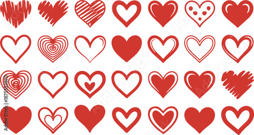 Red heart set. Collection of heart icon hand drawn vector for love logo, heart symbol, doodle icon, greeting card and Valentine's Day. Painted grunge vector shape	