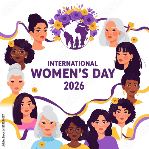 Global International Women's Day 2026 Concept Featuring Diverse Women around World Globe and Floral Wreath