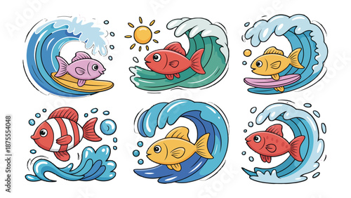 Ocean's playful life : A series of cute illustrated fish each showcasing their unique surfing and underwater adventures within the vastness of the sea.