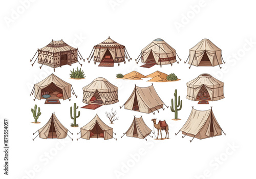 Nomadic desert tent and yurt collection with camels and cacti png on transparent background