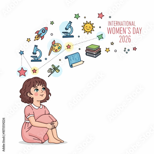 Little girl dreaming of future careers in science, art, and space exploration for International Women's Day 2026.