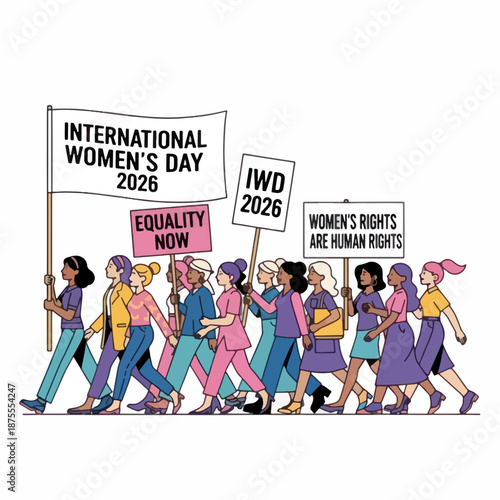 Diverse group of women marching together with protest signs for rights and equality on International Women's Day 2026.