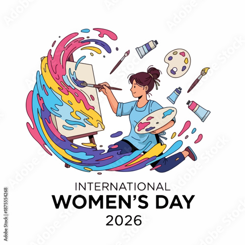 Energetic artist woman creating a vibrant splash of color on a canvas for International Women's Day 2026.