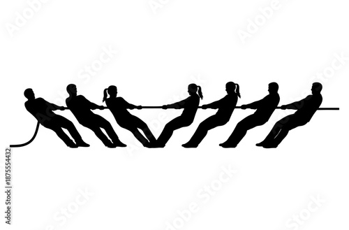 Silhouette team pulling rope in tug of war competition