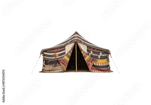 Traditional Bedouin tent with black and white stripes and colorful Sadu patterns png on transparent background