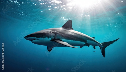 Wallpaper Mural Great White Shark Swimming in the Ocean Depths with Sunlight. Torontodigital.ca