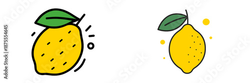 Bright yellow lemons in vector style with green leaves for design