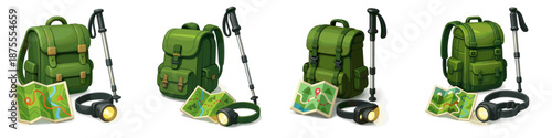 Outdoor adventure gear with backpacks maps and hiking poles