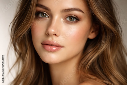 Wallpaper Mural Close up portrait of beautiful young woman with natural makeup and glowing skin looking at camera Torontodigital.ca