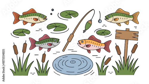 Serene Fishing Scene: A charming illustration depicts a tranquil fishing scene with fish, fishing rod and water lily, capturing the essence of a peaceful day by the water.