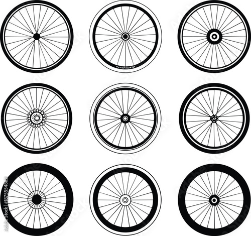 Bicycle wheel silhouettes collection with different spoke designs and rims, isolated on white background for cycling, transportation, and mechanical design projects