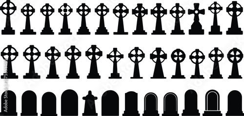 Collection of cemetery tombstone and cross silhouettes in various styles, memorial grave markers isolated on white background for religion, funeral, history, and remembrance concepts