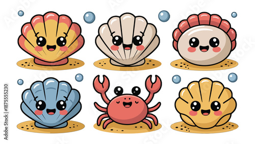 Coastal Treasures: A collection of charming cartoon seashells and a crab, each with a happy expression, resting on sandy ground, surrounded by gentle bubbles.
