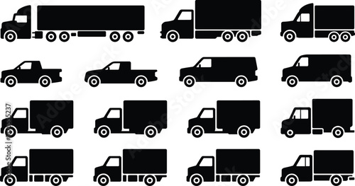 Commercial vehicle silhouette set with trucks, pickup trucks, delivery vans, and semi trailer trucks in side view, isolated on white background for logistics design