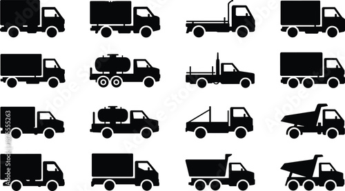 Commercial truck silhouettes collection showing delivery, cargo, tanker, flatbed and dump trucks, transportation vehicle icon set isolated on white background