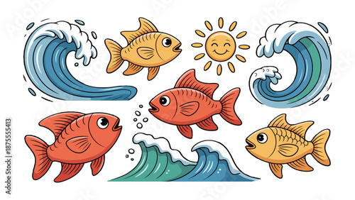 Playful Sea Illustration: Vibrant cartoon fishes swim and play among the waves and the smiling sun, creating a lively under sea scene.