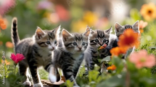 Four playful kittens explore a vibrant garden filled with blooming flowers. Their fluffy gray fur shines under the sun as they chase each other through the grass.
