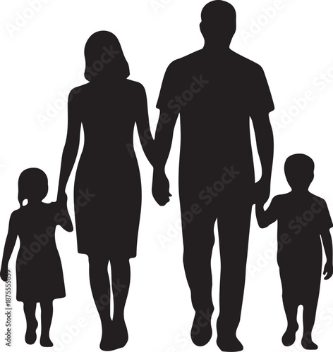Black silhouette family of four holding hands walking together