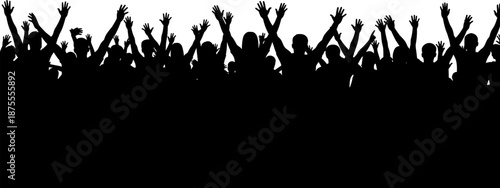 Silhouette of large cheering crowd with raised hands celebrating unity, freedom, success, excitement, teamwork, community spirit, festival energy, and collective joy concept