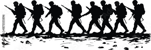 Group of armed soldiers silhouettes marching in formation with rifles and backpacks, military patrol troops isolated on white background for defense, war, and security concepts