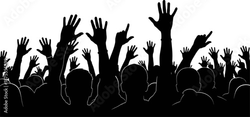 Silhouette of large crowd raising hands symbolizing participation, unity, voting, freedom of expression, public opinion, democracy, social engagement, teamwork, and collective decision making concept