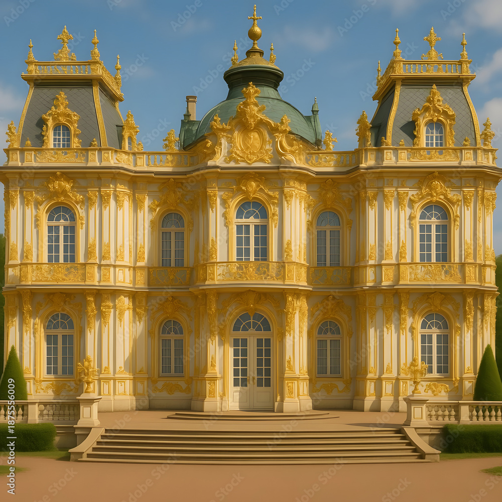 Obraz premium Ornate yellow palace with intricate details and green dome exterior