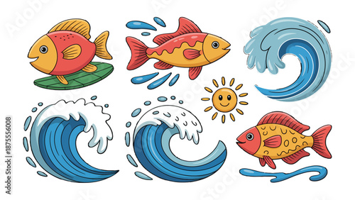 Ocean's whimsical: Charming illustrations of playful fish frolic amidst ocean waves, with a radiant sun adding a touch of cheer.